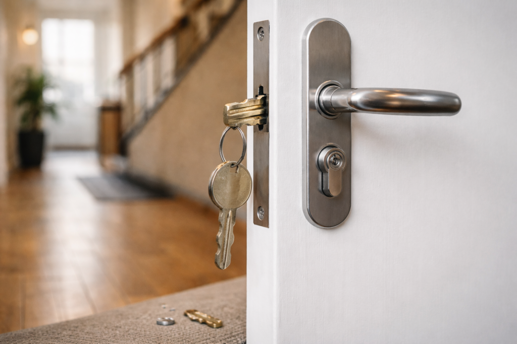Clé cassée coincée dans une serrure résidentielle, intervention d’un serrurier à Bruxelles pour porte bloquée